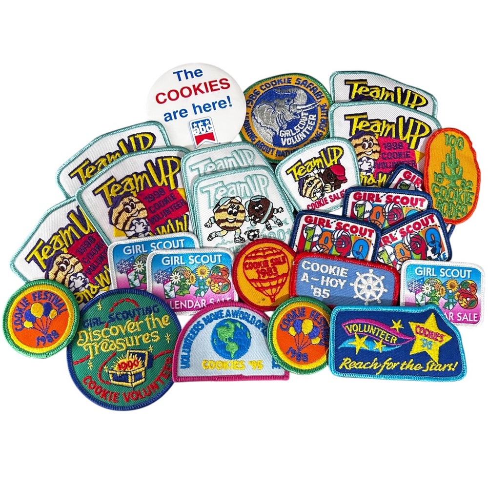 Lot Vintage Girl Scout Cookie Sale Patches Badges Pins GS Volunteer 80s 90s